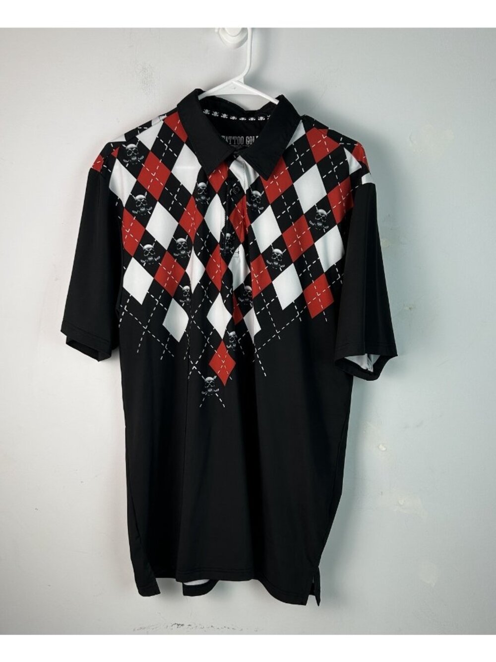Tattoo Golf Performance Monster Edition Men L Black Red Skull Argyle Polo Shirt